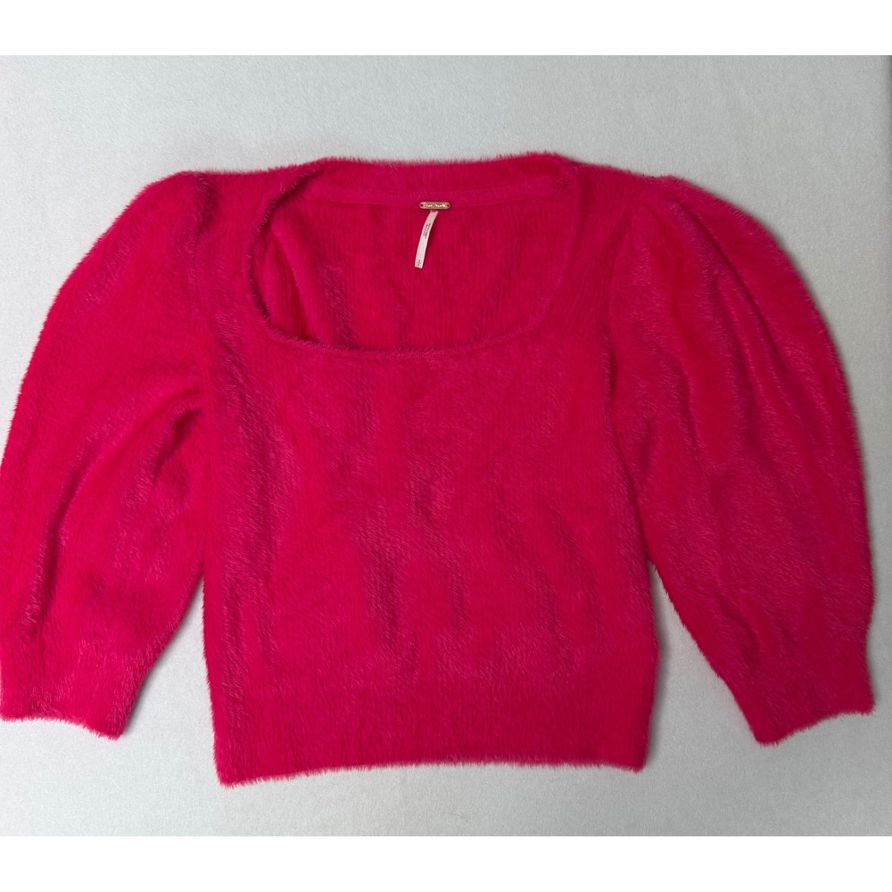 Free People Hot Pink Eyelash Knit Puff Sleeve Square Neck Sweater Small